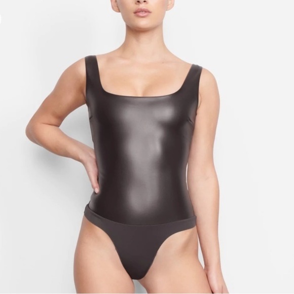 SKIMS Tops - SKIMS Faux Leather Bodysuit Dark Brown Square Neck Sculpting Minimalist size L
